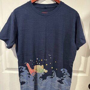 Japanese Folkart Banshitsu Great Catch Wave and Fish Navy T-Shirt Size: L 296